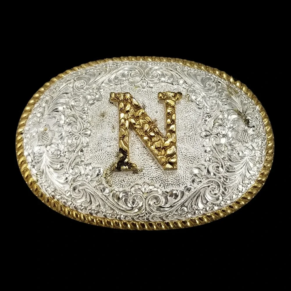 Crumrine Mfg Western Belt Buckle Initial N Silver Gold Tone Floral Engraved Oval